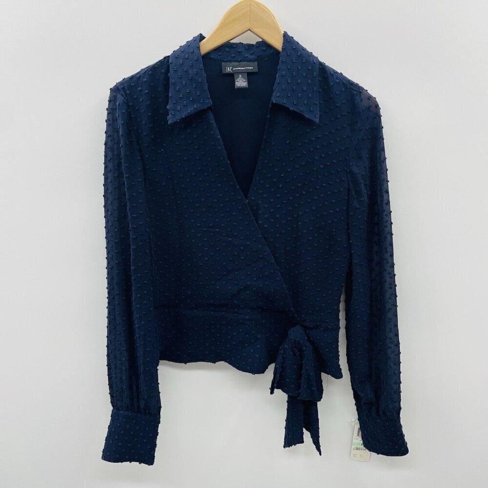 INC International Concepts Womens Size 8 Swiss Dot Faux Wrap Blouse in Blue 1145